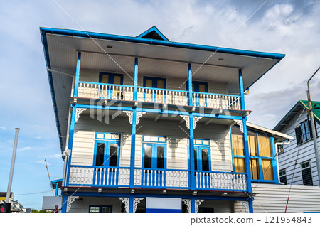 Traditional houses in the historic center of Paramaribo, UNESCO world heritage in Suriname, South America Traditional houses in the historic center of Paramaribo, UNESCO world heritage in Suriname, South America 121954843