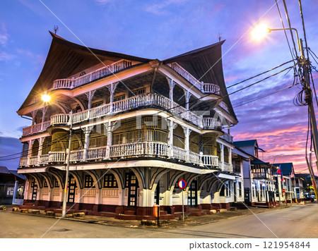 Architecture of Historic Inner City of Paramaribo at sunset, UNESCO world heritage in Suriname Architecture of Historic Inner City of Paramaribo at sunset, UNESCO world heritage in Suriname 121954844