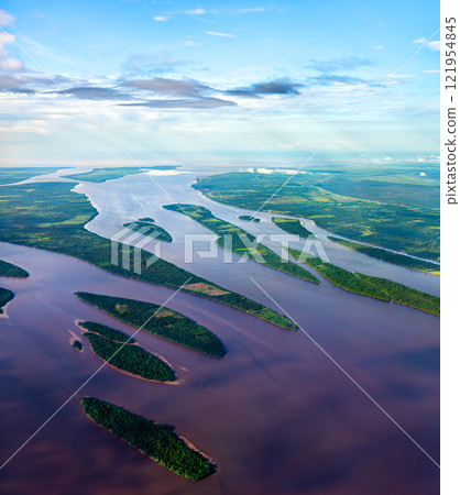 Majestic Delta of the Essequibo River Flowing into the Atlantic Ocean - Guyana, South America Majestic Delta of the Essequibo River Flowing into the Atlantic Ocean - Guyana, South America 121954845