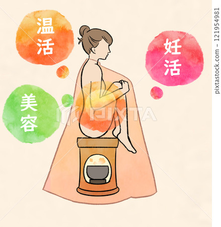Illustration of a woman doing mugwort steaming Illustration of a woman doing mugwort steaming 121954981