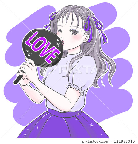 Young woman holding a LOVE fan and enjoying her favorite idol, purple background Young woman holding a LOVE fan and enjoying her favorite idol, purple background 121955019