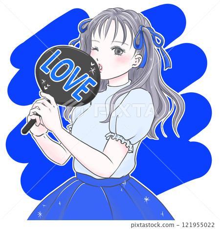 A young woman enjoying her favorite sport with a LOVE fan 121955022