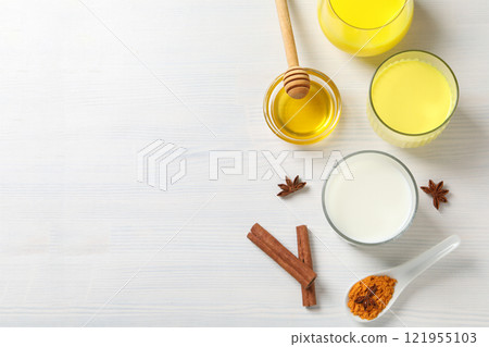Moon or turmeric milk, concept of tasty drink Moon or turmeric milk, concept of tasty drink 121955103