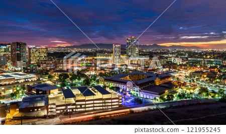 Aerial view of Downtown Tempe skyline at sunset near Phoenix, Arizona Aerial view of Downtown Tempe skyline at sunset near Phoenix, Arizona 121955245