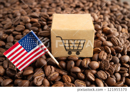 US America flag on coffee beans, shopping online for export or import food product. US America flag on coffee beans, shopping online for export or import food product. 121955370