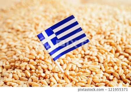 Greece flag on grain wheat, trade export and economy concept. Greece flag on grain wheat, trade export and economy concept. 121955371