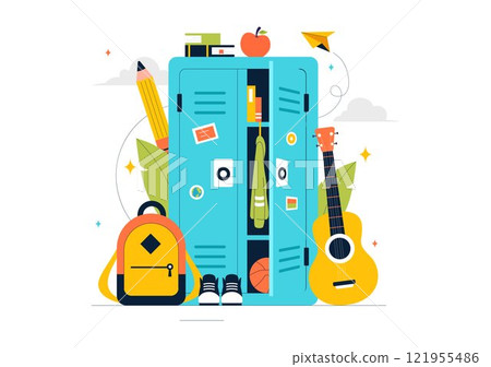 School Locker Room Vector Illustration Featuring Neatly Organized Student Storage with Books, School Supplies, Personal Items, and Accessories 121955486