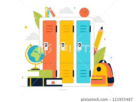 School Locker Room Vector Illustration Featuring Neatly Organized Student Storage with Books, School Supplies, Personal Items, and Accessories School Locker Room Vector Illustration Featuring Neatly Organized Student Storage with Books, School Supplies, Personal Items, and Accessories 121955487