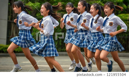 女高中生全速奔跑的那一刻，她們的笑容和汗水在校服上閃閃發光。 121955504