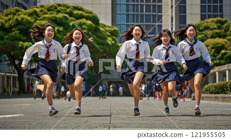 女高中生全速奔跑的那一刻，她們的笑容和汗水在校服上閃閃發光。 121955505