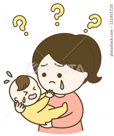 A cute illustration of a crying mother with a ponytail and her baby A cute illustration of a crying mother with a ponytail and her baby 121955728