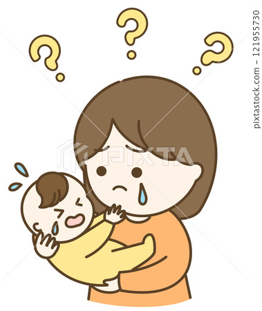 Cute illustration of a mother and baby crying with a question mark Cute illustration of a mother and baby crying with a question mark 121955730