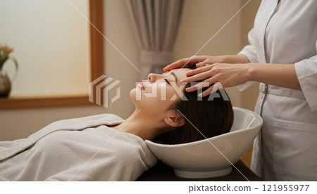 Woman receiving beauty chiropractic treatment, head spa, relaxation Woman receiving beauty chiropractic treatment, head spa, relaxation 121955977