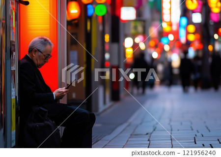 A Japanese businessman looking at his smartphone in a busy area at night 121956240