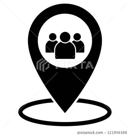 Meeting point location icon. Friends nearby sign. Group of people inside pinpoint symbol. flat style. Meeting point location icon. Friends nearby sign. Group of people inside pinpoint symbol. flat style. 121956389