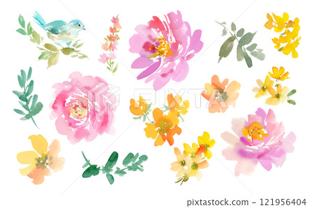 A set of watercolor illustrations of pink peonies, flowers and blue birds. Hand-drawn illustrations of flowers. A set of watercolor illustrations of pink peonies, flowers and blue birds. Hand-drawn illustrations of flowers. 121956404
