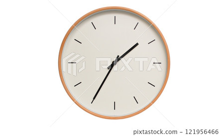 Isolated on white background Minimalist style wooden wall clock, showing time at 13.35/01.35 - Perfect for Time Management and Scheduling Concepts Isolated on white background Minimalist style wooden wall clock, showing time at 13.35/01.35 - Perfect for Time Management and Scheduling Concepts 121956466