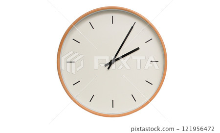 Isolated on white background Minimalist style wooden wall clock, showing time at 14.05/02.05 - Perfect for Time Management and Scheduling Concepts 121956472