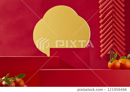 A minimalist Lunar New Year theme features three empty red platforms for displaying products. A cutout in a red wall shows a yellow backdrop. Red firecrackers and some mandarin oranges used for decor. 121956486