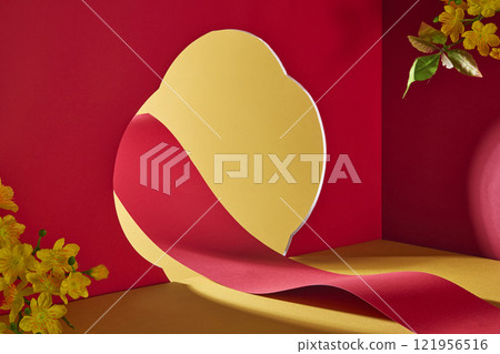 A minimalist image with traditional New Year for product advertising. A red paper scroll that is winding and creates an empty space for product presentation, accented with yellow apricot blossoms. A minimalist image with traditional New Year for product advertising. A red paper scroll that is winding and creates an empty space for product presentation, accented with yellow apricot blossoms. 121956516