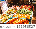 Fruits and vegetables on display at a market in Rissani, Morocco 121956527