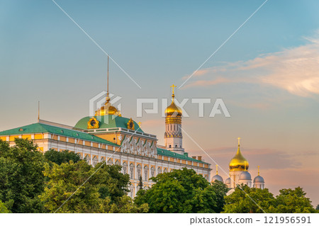 Grand Kremlin Palace. Ivan the Great Bell Tower on a summer day. Attractions of Russia. Panorama of Moscow. The capital of Russia on a summer day. Grand Kremlin Palace. Ivan the Great Bell Tower on a summer day. Attractions of Russia. Panorama of Moscow. The capital of Russia on a summer day. 121956591