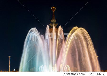 Fountain Stone Flower at VDNKH park in Moscow at night, popular landmark. 121956617