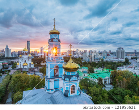 Summer Yekaterinburg, Temple of the Ascension and Temple on Blood in beautiful clear sunset. 121956621