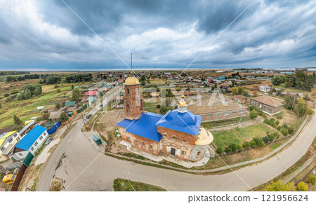 Summer aerial view oh the Temple in the village of Nekrasovo Summer aerial view oh the Temple in the village of Nekrasovo 121956624