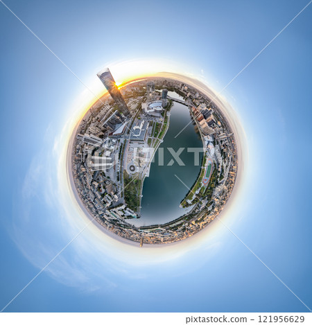 Yekaterinburg city with Buildings of Regional Government and Parliament, Dramatic Theatre, Iset Tower, Yeltsin Center, Aerial View. Little planet sphere mode 121956629
