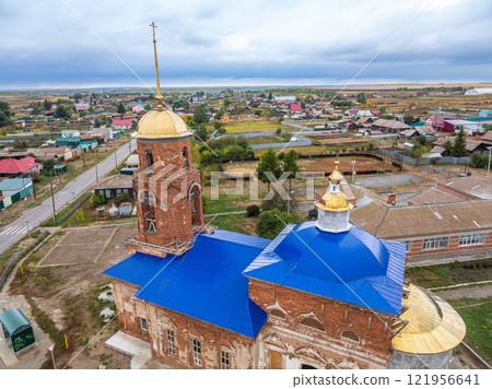 Summer aerial view oh the Temple in the village of Nekrasovo Summer aerial view oh the Temple in the village of Nekrasovo 121956641