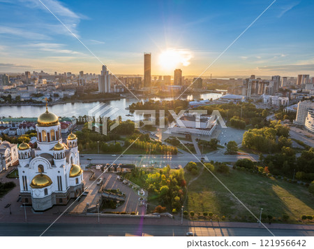 Summer Yekaterinburg and Temple on Blood in beautiful clear sunset.. Aerial view of Yekaterinburg, Russia. Translation of the text on the temple: Honest to the Lord is the death of His saints. Summer Yekaterinburg and Temple on Blood in beautiful clear sunset.. Aerial view of Yekaterinburg, Russia. Translation of the text on the temple: Honest to the Lord is the death of His saints. 121956642