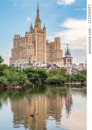 The view on the residential Stalinist high-rise building on Kudrinskaya Square. It is the one of seven Stalinist skyscrapers built in 1947-1954. 121956857
