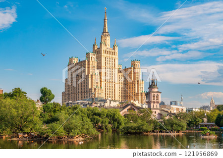 The view on the residential Stalinist high-rise building on Kudrinskaya Square. It is the one of seven Stalinist skyscrapers built in 1947-1954. 121956869