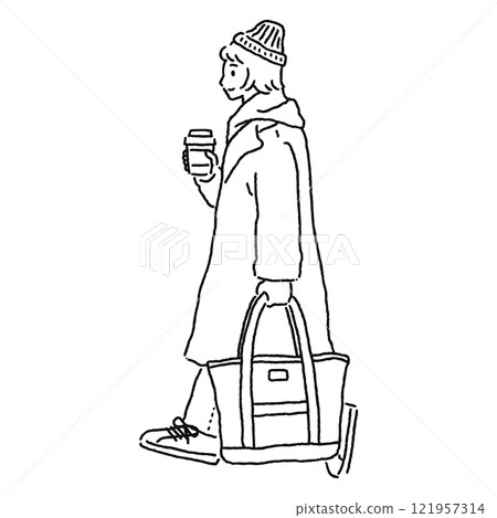 一位拿著外帶咖啡走路的女人的輪廓線圖 121957314