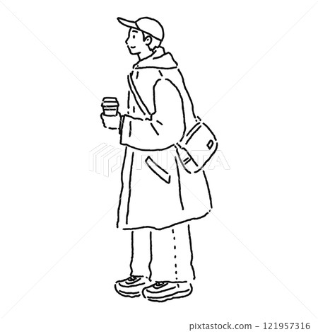 一個拿著外帶咖啡的男人的輪廓線圖 121957316