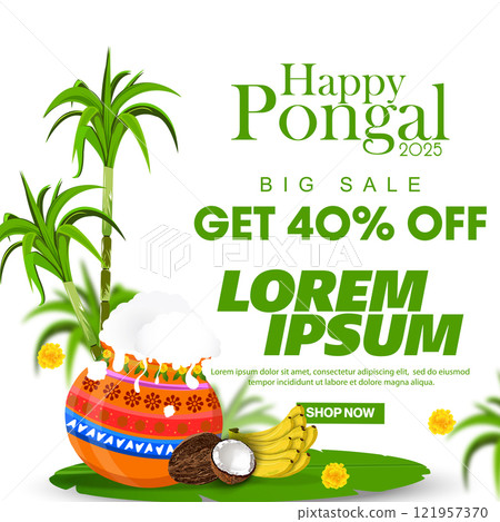 Happy Pongal 2025 sale promotion banner with festive design, Vector Illustration Happy Pongal 2025 sale promotion banner with festive design, Vector Illustration 121957370