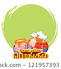 Traditional Pongal celebration design with decorated pots and sugarcane for harvest festival, vector illustrations. Translate Happy Pongal Tamil text. 121957393