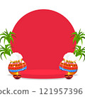 Traditional Pongal festival background with decorative pots and sugarcane vector illustration. 121957396