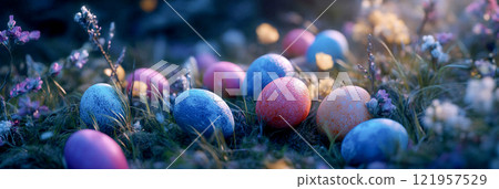 Easter eggs found in a spring field AI image 121957529