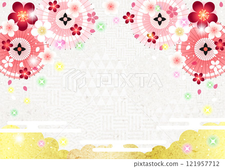 Japanese background with Japanese umbrella and plum blossoms on hexagonal Japanese pattern, cute, horizontal, illustration, pink, arch shape Japanese background with Japanese umbrella and plum blossoms on hexagonal Japanese pattern, cute, horizontal, illustration, pink, arch shape 121957712