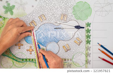 Garden design courses student is learning fundamentals garden design and planning. Garden design courses student is learning fundamentals garden design and planning. 121957821