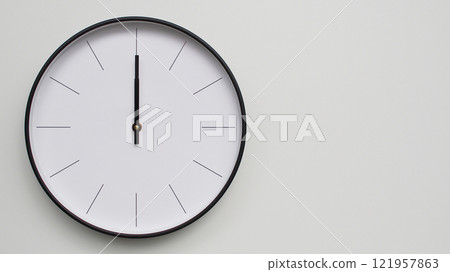 Wall Clock Showing 12.00/06.00 O'Clock on White Wooden Surface - Perfect for Time Management and Scheduling Concepts Wall Clock Showing 12.00/06.00 O'Clock on White Wooden Surface - Perfect for Time Management and Scheduling Concepts 121957863
