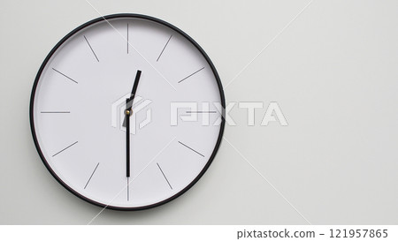 Wall Clock Showing 12.30/06.30 O'Clock on White Wooden Surface - Perfect for Time Management and Scheduling Concepts Wall Clock Showing 12.30/06.30 O'Clock on White Wooden Surface - Perfect for Time Management and Scheduling Concepts 121957865