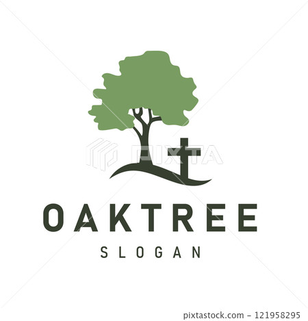 Vintage Retro Tree Design with Religious Cross Symbol. Tree Church Logo Vector Illustration 121958295