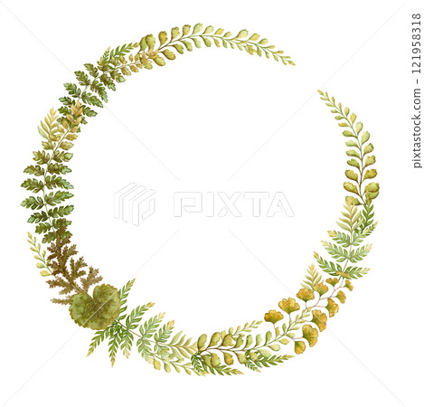 Round wreath with fern leaves botanical card template in earth tone. Hand drawn watercolor elegant floral frame. Perfect for the use of ecological material and sustainable designs. 121958318