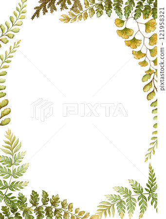 Vertical card frame template with fern leaf botanical illustration in the earth tone. Hand drawn watercolor floral border. Perfect for the use of ecological material and modern designs. Vertical card frame template with fern leaf botanical illustration in the earth tone. Hand drawn watercolor floral border. Perfect for the use of ecological material and modern designs. 121958321