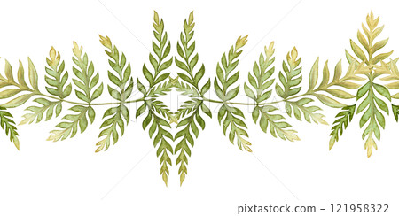 Fern leaves elegant seamless border in the earth green tone. Hand drawn watercolor botanical element with textured foliage. Perfect for the use of ecological material and sustainable designs. Fern leaves elegant seamless border in the earth green tone. Hand drawn watercolor botanical element with textured foliage. Perfect for the use of ecological material and sustainable designs. 121958322