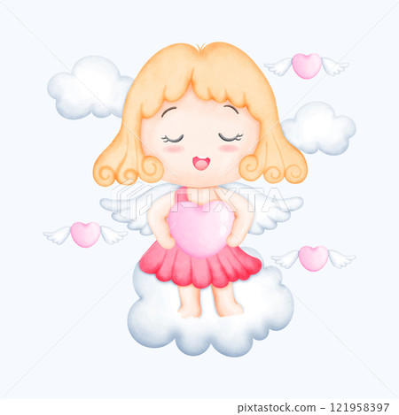 Cute Watercolor Valentine Cupid. Hand Drawn Romantic Illustration for Cards and Gifts Cute Watercolor Valentine Cupid. Hand Drawn Romantic Illustration for Cards and Gifts 121958397
