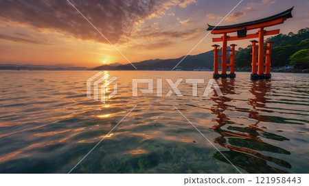 日落時漂浮在海上的鳥居 日落時漂浮在海上的鳥居 121958443